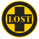 Black cross outlined in gold with the word LOST